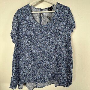 JNY Jones New York Womens Blue Floral Print Short Sleeve Tunic Top Blouse 2X New